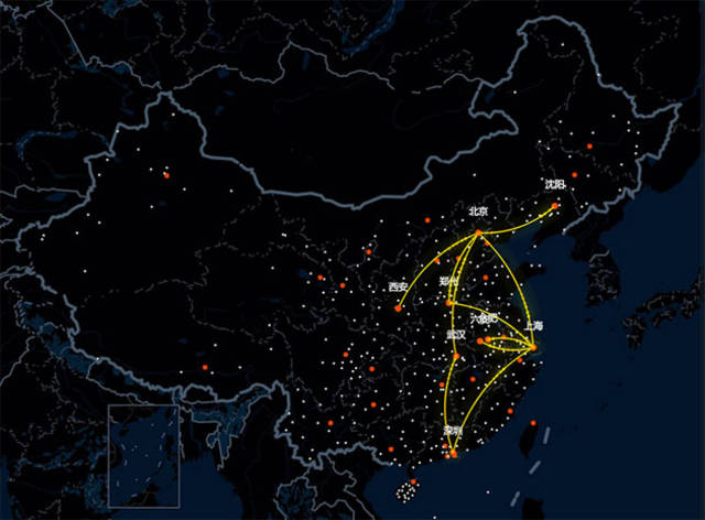 人口迁徙,使用的是echarts和地图的结合,用来展示人们在各城市之间的