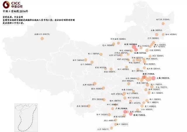 中国工资地图 和房价不同,中国各城市人均工资相差并不大,如下(点击