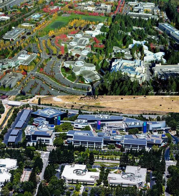 位于西雅图附近的微软总部(上)vs 位于旧金山附近的google总部(下)