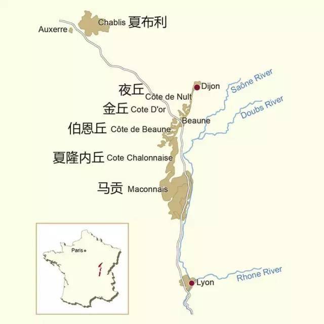 勃艮第产区从北到南有 5 大产区(如下图:夏布利(chablis,夜丘(cote