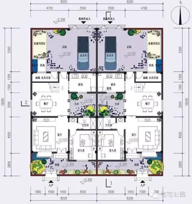 新中式农村别墅 8米x18米 带天井庭院车库含图纸