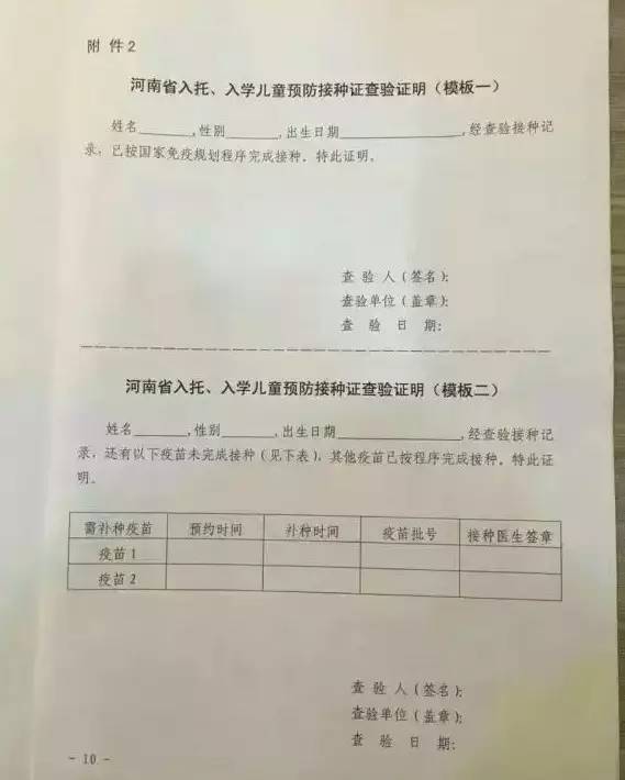 报名前向家长发放《河南省入托,入学儿童查验预防接种证通知单》(见