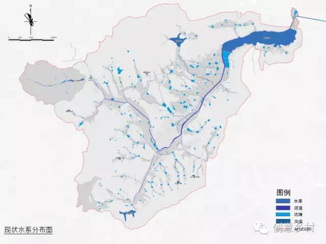 现状水系分布图 规划区范围内多数溪流河道为固化状态,失去了乡村风貌