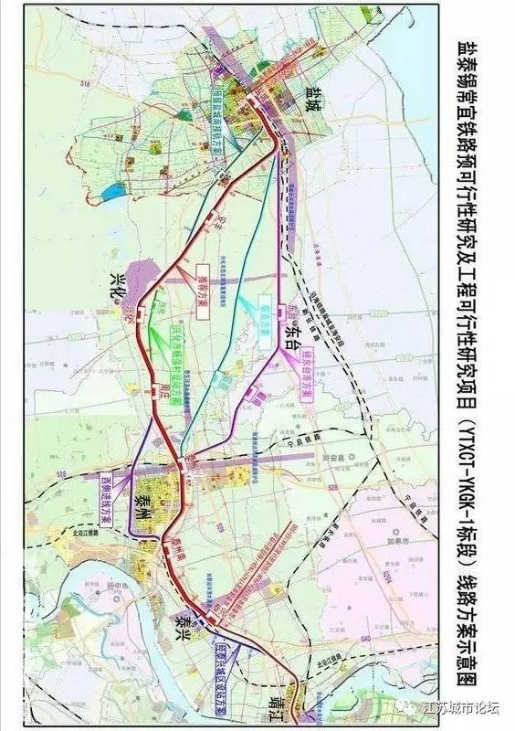 北沿江铁路泰州至南通小比例尺走向及站点示意图