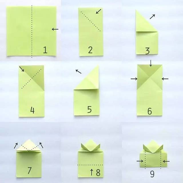 快看下面的折纸图示: 1,用彩色正方形卡纸,折出青蛙的上半部分
