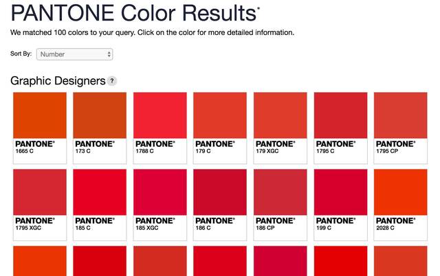 而事实上,随便在色彩权威机构pantone的官网上输入一个红色,都能输出