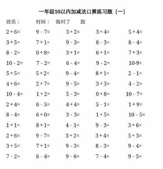 要求孩子能够熟练地计算10以内的加减法