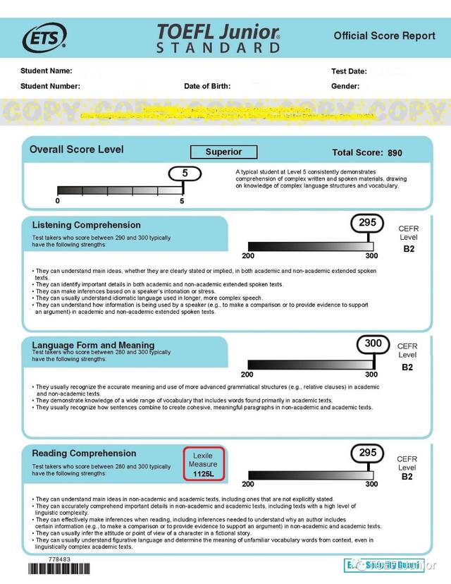 toefl primary成绩单模板