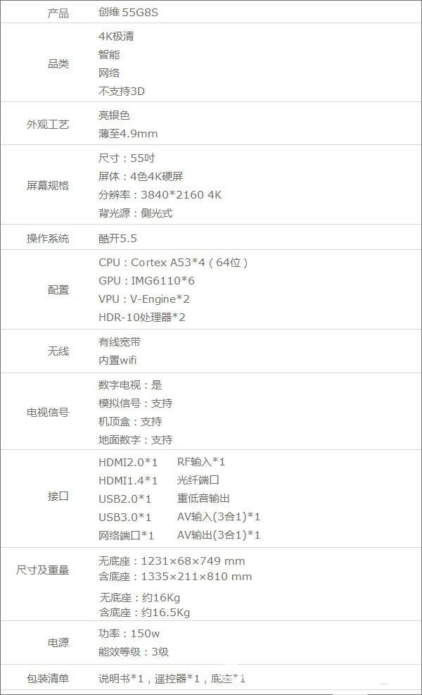 创维65g8s参数配置表格