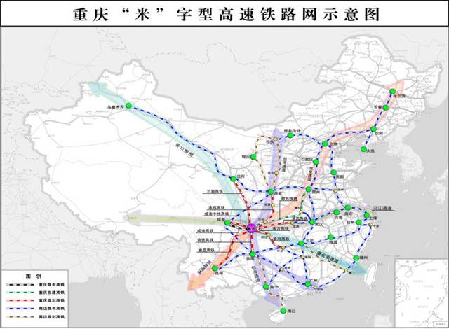 重庆"米"字型高速铁路网(2016―2030年)示意图 图片来源|重庆市中长期