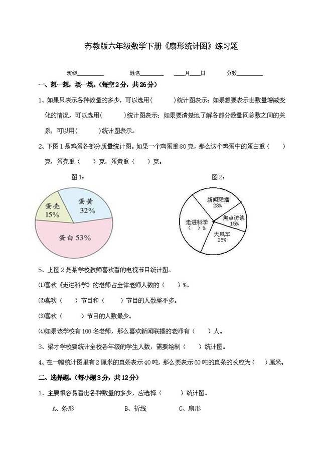 苏教版六年级数学下册《扇形统计图》练习题