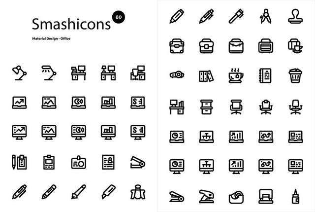 80 material office icons 轮廓绘制简单的图标材,都是有关办公室和