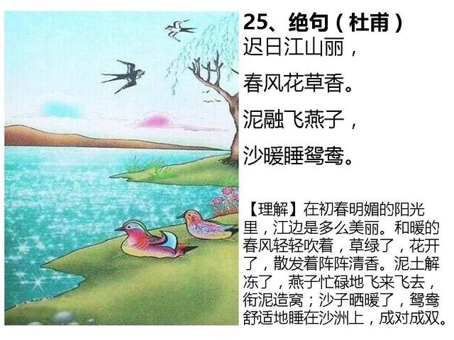 【原文】迟日江山丽,春风花草香.泥融飞燕子,沙暖睡鸳鸯.