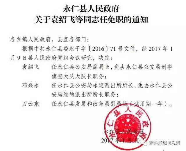 双柏县政府关于尹丽同志任免职务的通知 永仁县政府关于袁绍飞等同志