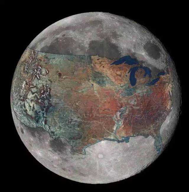 月球有多大呢?把美国放在上面大概是这样,中国也差不多