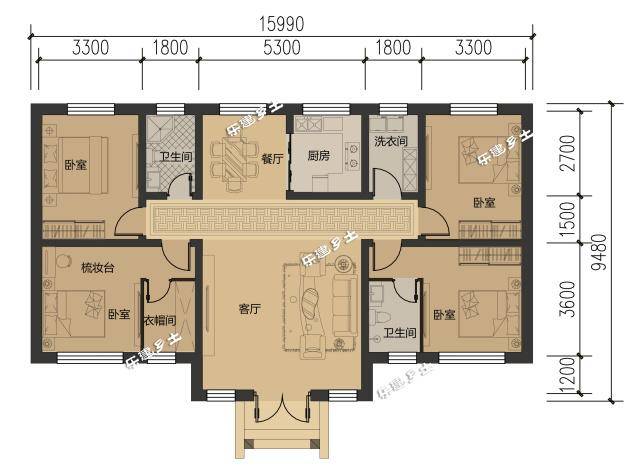 平面图 四个卧室,分别占了房子的四角,能保证一个普通家庭的成员需求