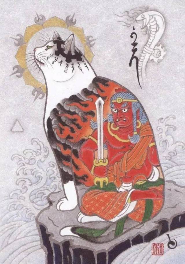 常表现一只猫咪在给另一只纹身 画面的复古绘画风格,让人联想到浮世绘