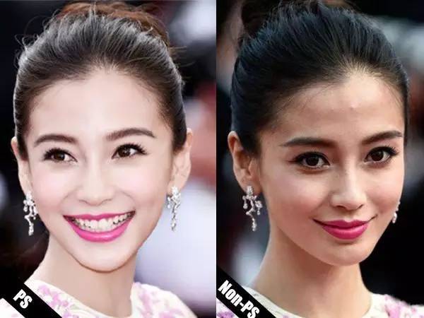 angelababy,没有了ps暴露了额头的小痘痘以及黑眼圈,肌肤也没有