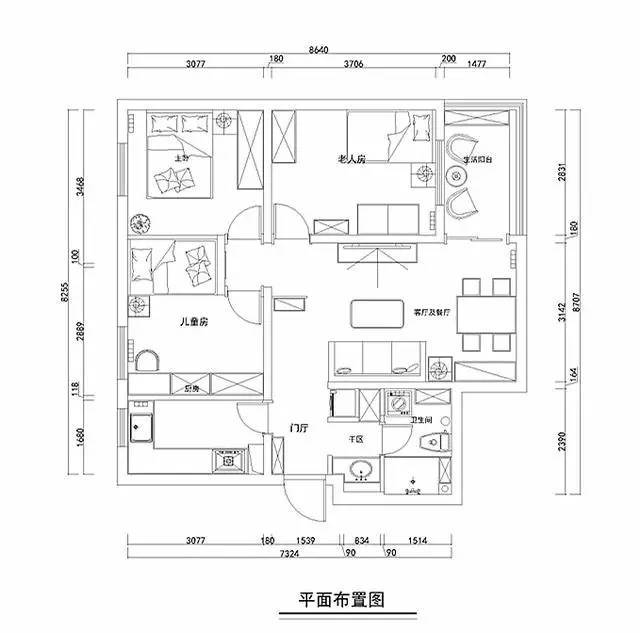 面积:78平方米 户型布局:三室一厅 设计风格:简约混搭 主卧,老人房