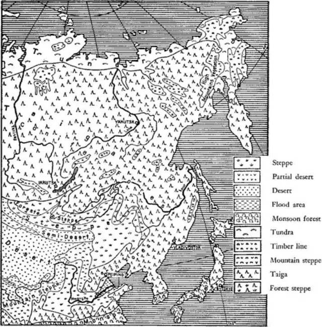 亚洲东北部植被图.这是未开垦的以及不能种植的大片土地.
