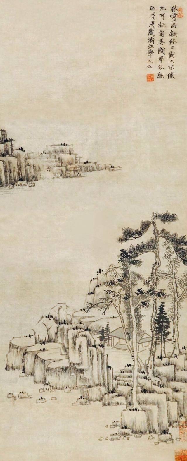 本雅明所引之一,明代江韬,自号渐江僧. 松石图,作于1638年.