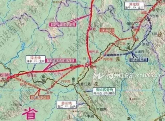 ( 红色线)不经过五华,即从梅州西至兴宁北部再到龙川.