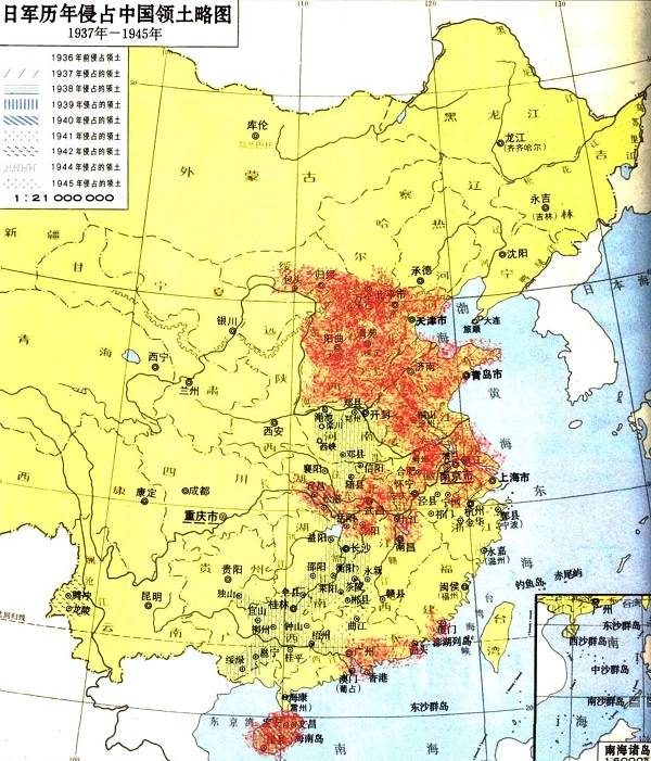 被日军所侵占的中国领土略图(来自《中国抗日战争史地图集》)