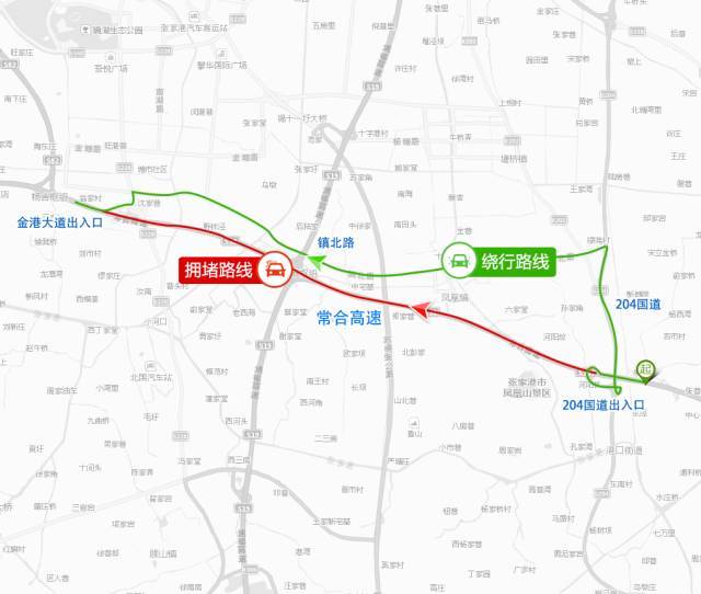 1,常合高速绕行路线: 从204国道出入口下高速,沿204国道-镇北路行驶