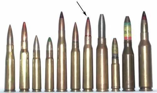 7x10  毫米大口径机枪弹与同类子弹的尺寸对比.从左至右为