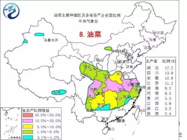 我国最后一个主要农作物是油菜,上图是油菜的分布图,油菜主产省有湖北