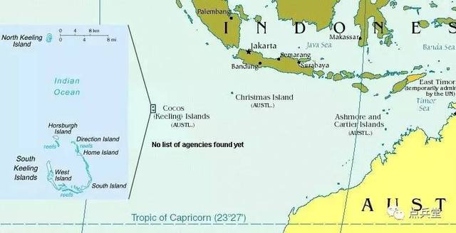 科科斯群岛位处印度尼西亚群岛的正南方,其东北方的圣诞节岛在第二