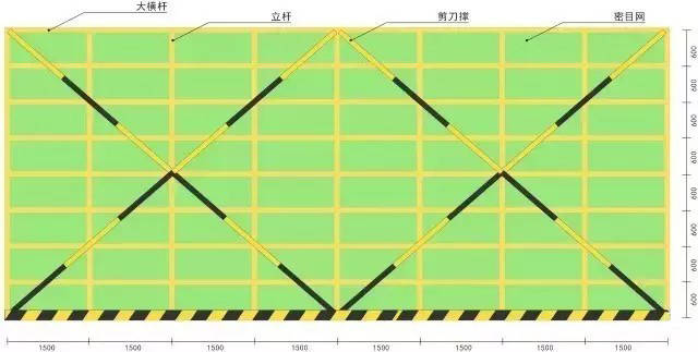 架外挂立杆表面刷黄色油漆,每隔一组或两组剪刀撑设置一道200mm踢脚板