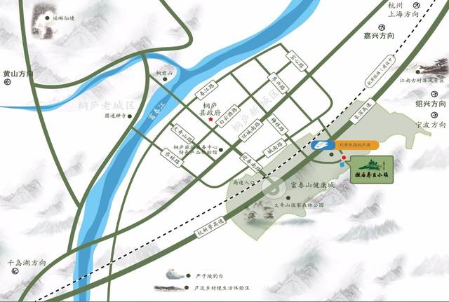 3公里,杭新景高速桐庐枢纽2公里的交通优势,小镇未来将承载长三角区域
