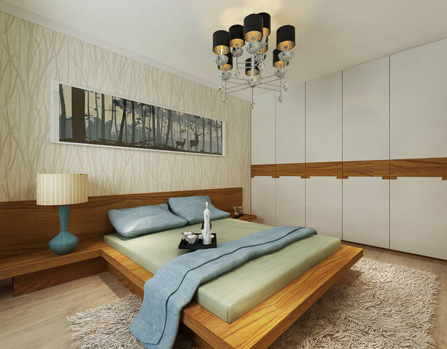 原木色床与白色衣柜搭配,不同色调的配搭展现出温馨与时尚
