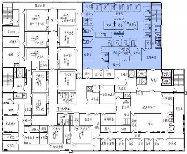平面北部设置 9 间普通手术室,1间介入治疗手术室.