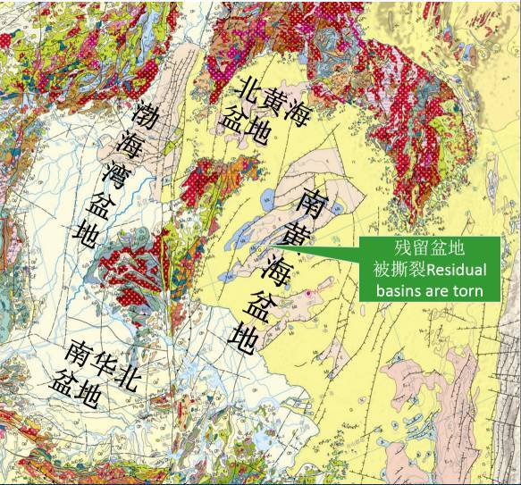 南黄海盆地中残留盆地被撕裂特征(据任纪舜欧亚洲地质图修编)