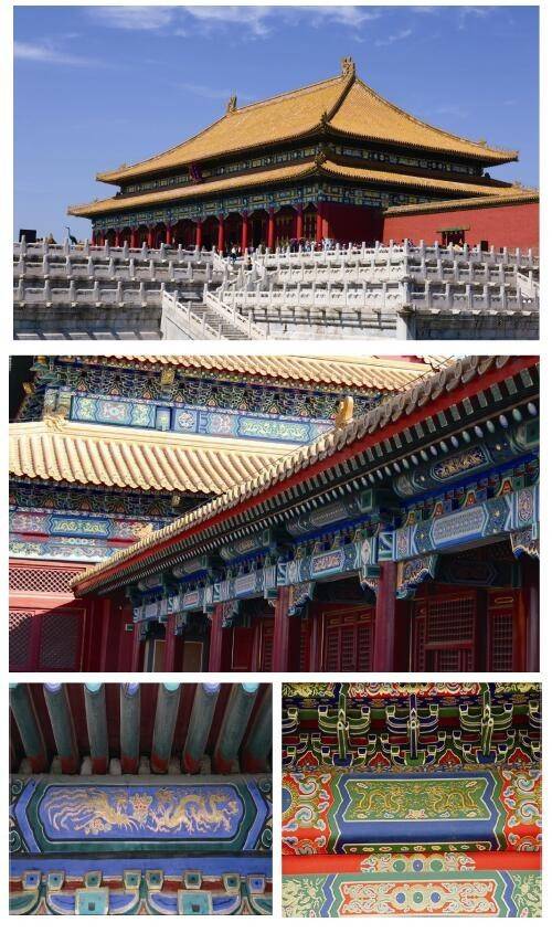 中国古代建筑彩绘主要绘在梁,枋,柱头,窗棂,门扇,雀替,斗拱,墙壁,天花