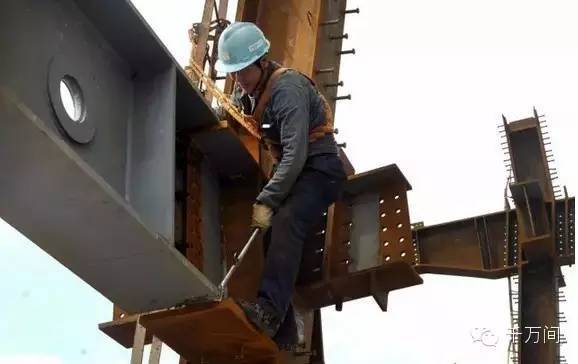 一名安装工人在吊装钢梁,脚下的城市道路车流不息.