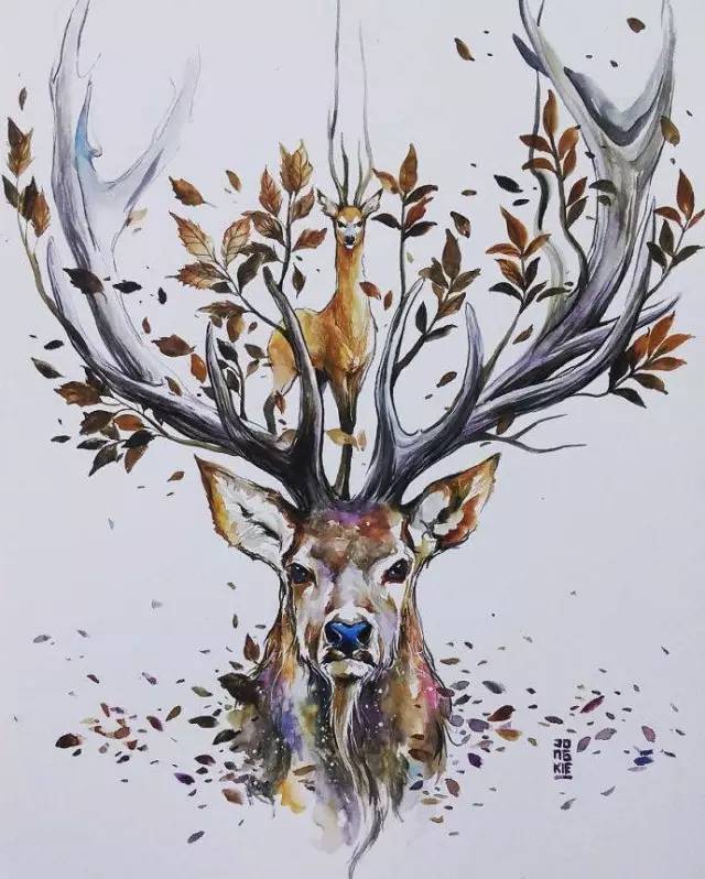 的梦幻主义色彩的水彩画作品,非常擅长画各种动物,狐狸,森林之灵-麋鹿