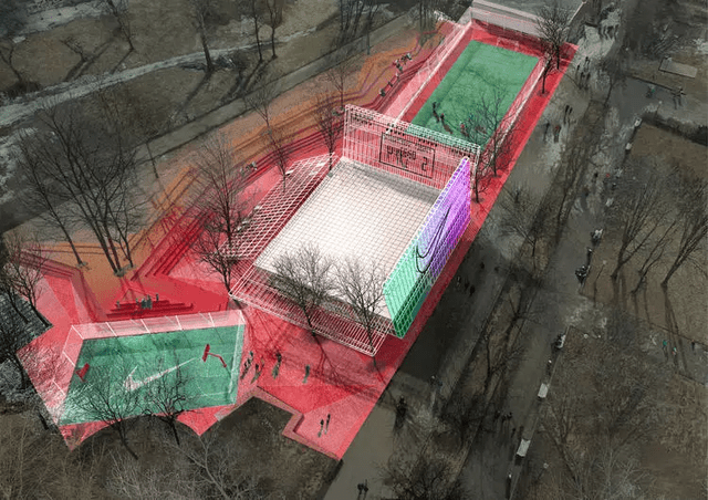 把后 kosmos 事务所又以 鞋盒子概念方案 在莫斯科耐克运动公园竞赛中