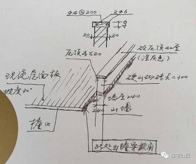 ▼红砖砌筑坡屋顶山墙,安装模板绑扎钢筋.