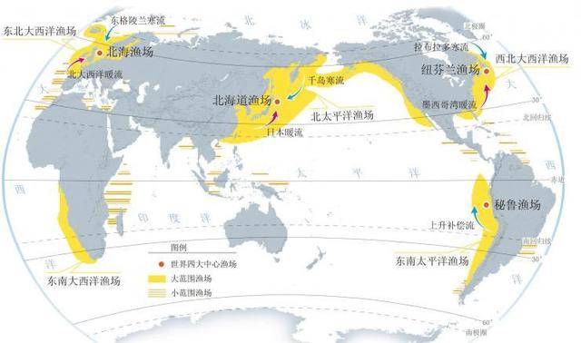 世界四大渔场:日本的北海道渔场是千岛寒流与日本暖流而成,英国的