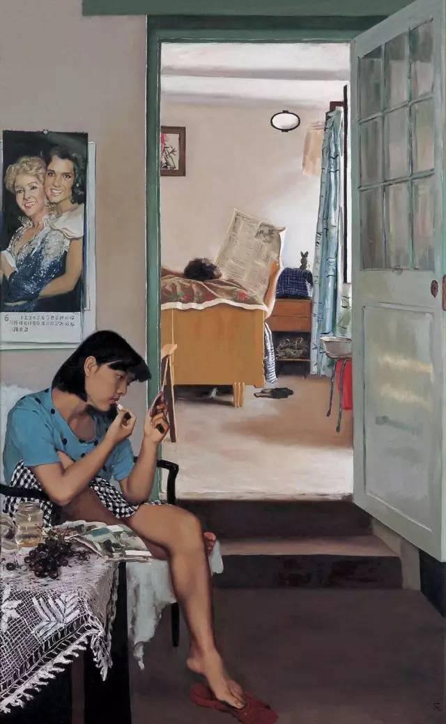 赵半狄《涂口红的女孩》,布面油画,170×190cm,1990年