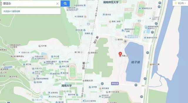 长沙河西大学城地图,标记4的位置为堕落街原址,左边大片绿色为岳麓山