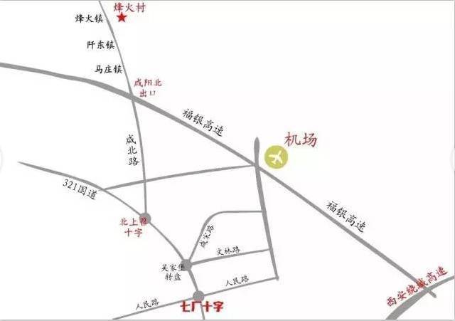 从咸阳出发:从北上召十字,一直向北,过马庄镇,阡东镇到烽火镇/烽火村