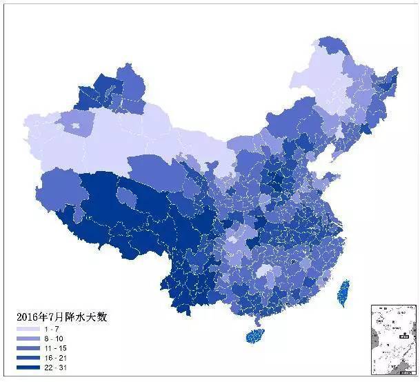 2016年7月全国降水天数分布