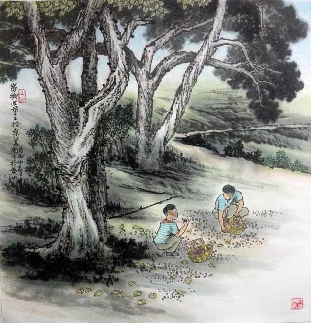 刘东方《家乡回望》系列国画作品:拾桑葚