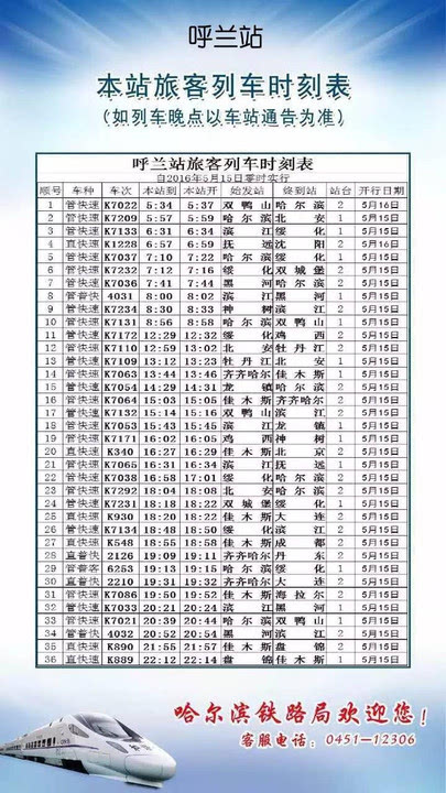 滨江,香坊,双城堡,呼兰,阿城最新列车时刻表(2016.5.15实施)