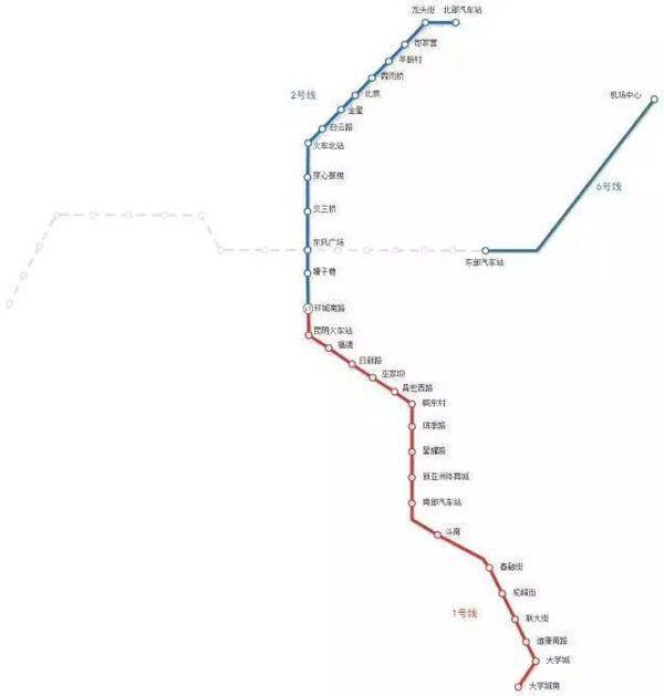 规划中的8条地铁线 昆明地铁2号线线路起于主城北部银河片区,纵向