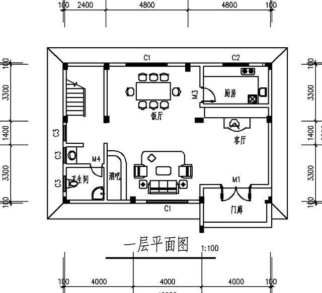 一楼平面图:面宽12米,进深8米左右,平面布局比较合理,进门的门厅面积